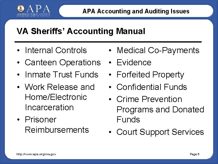 APA Accounting and Auditing Issues VA Sheriffs’ Accounting Manual • • Internal Controls Canteen