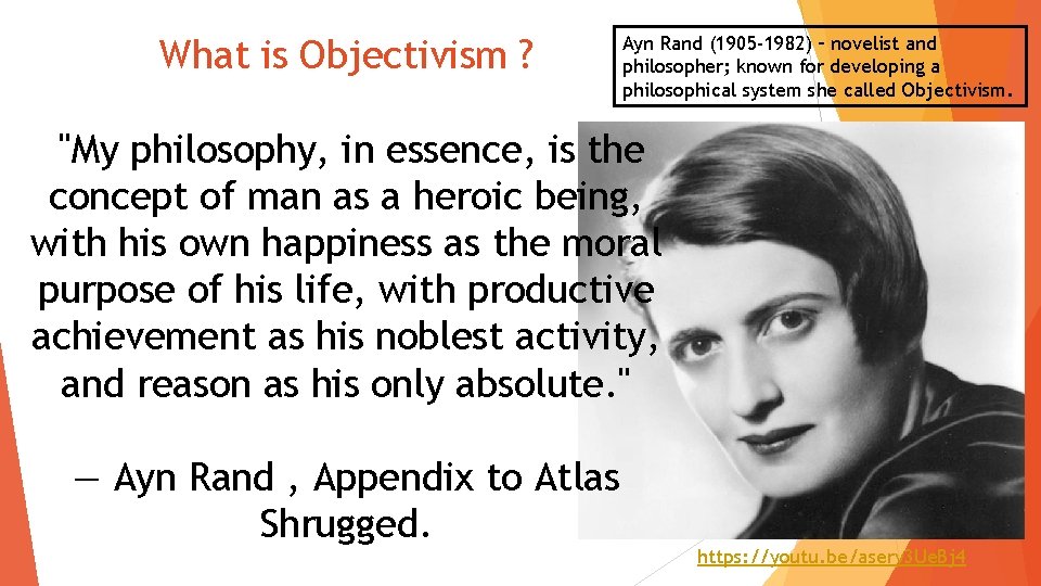 What is Objectivism ? Ayn Rand (1905 -1982) – novelist and philosopher; known for