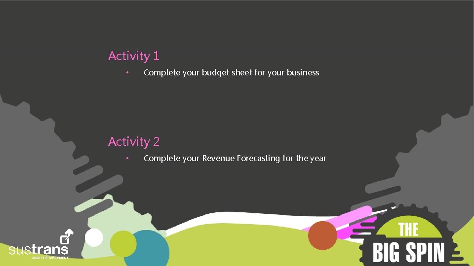 Activity 1 • Complete your budget sheet for your business Activity 2 • Complete