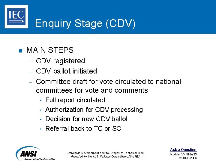 Enquiry Stage (CDV) n MAIN STEPS – – – CDV registered CDV ballot initiated