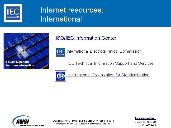 Internet resources: International ISO/IEC Information Center IEC International Electrotechnical Commission Follow hyperlink for more