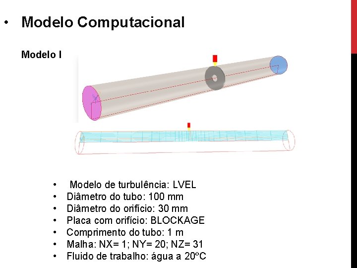  • Modelo Computacional Modelo I • • Modelo de turbulência: LVEL Diâmetro do