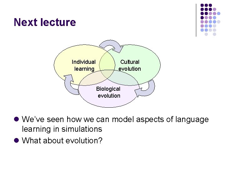 Next lecture Individual learning Cultural evolution Biological evolution l We’ve seen how we can