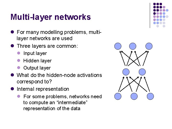 Multi-layer networks l For many modelling problems, multilayer networks are used l Three layers