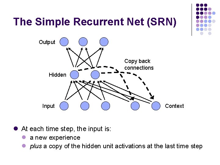 The Simple Recurrent Net (SRN) Output Copy back connections Hidden Input Context l At