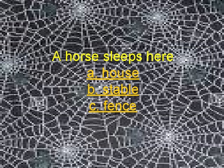 A horse sleeps here a. house b. stable c. fence 