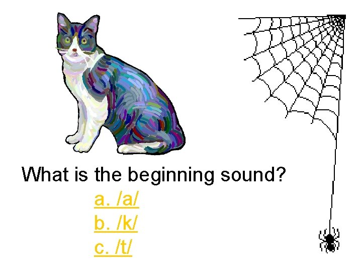 What is the beginning sound? a. /a/ b. /k/ c. /t/ 