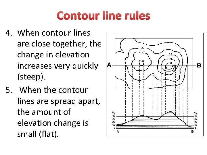 Contour line rules 4. When contour lines are close together, the change in elevation