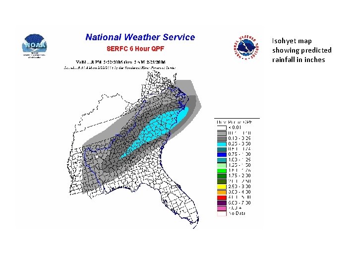 Isohyet map showing predicted rainfall in inches 