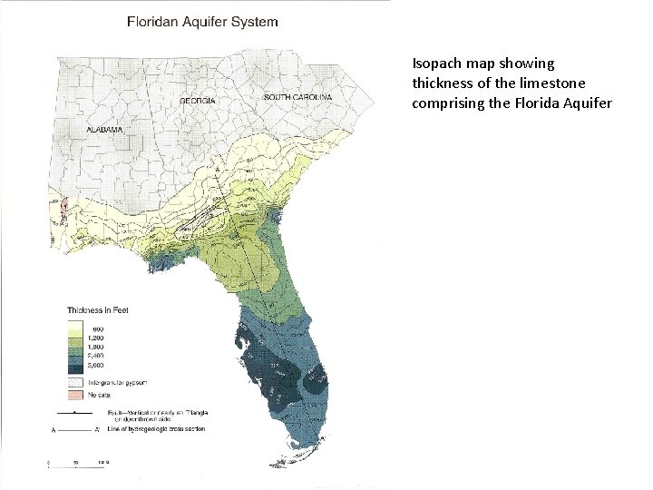 Isopach map showing thickness of the limestone comprising the Florida Aquifer 