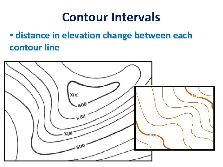 Contour Intervals • distance in elevation change between each contour line 