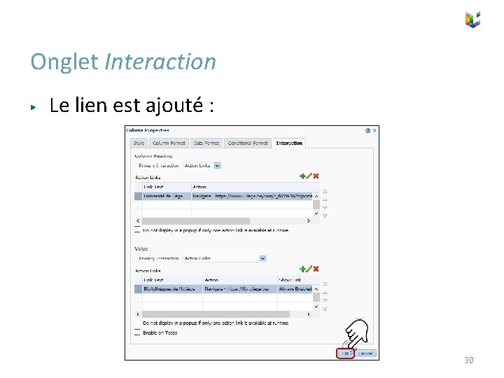 Onglet Interaction ▶ Le lien est ajouté : 30 