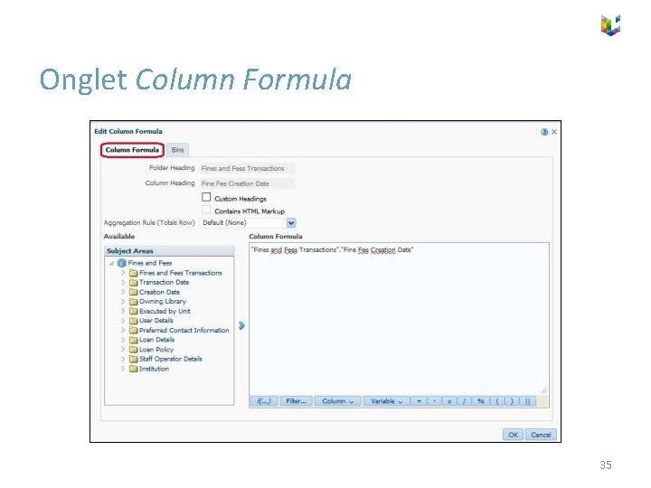 Onglet Column Formula 35 