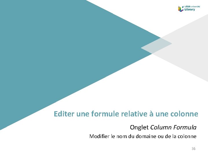 Editer une formule relative à une colonne Onglet Column Formula Modifier le nom du