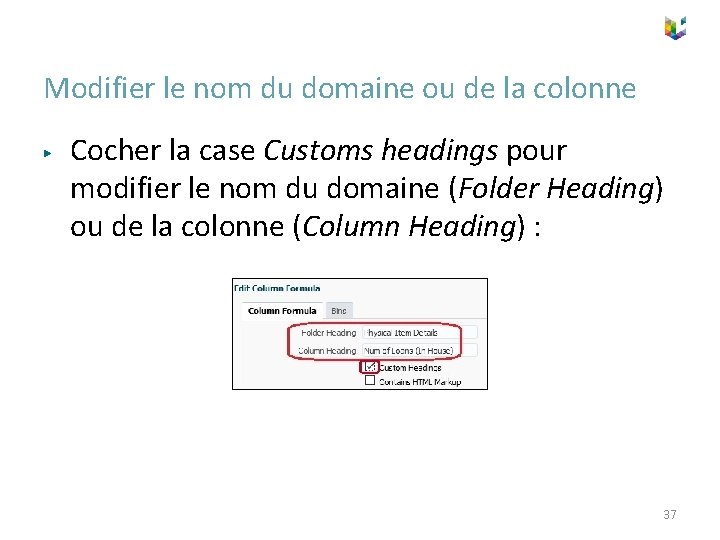 Modifier le nom du domaine ou de la colonne ▶ Cocher la case Customs