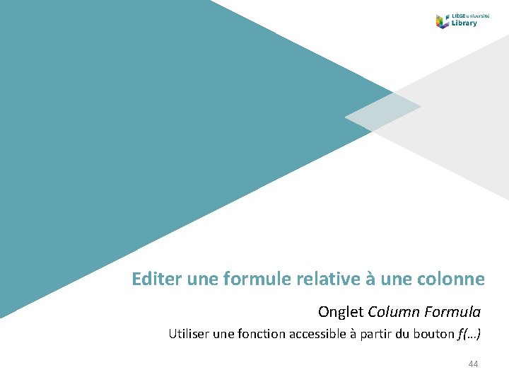 Editer une formule relative à une colonne Onglet Column Formula Utiliser une fonction accessible