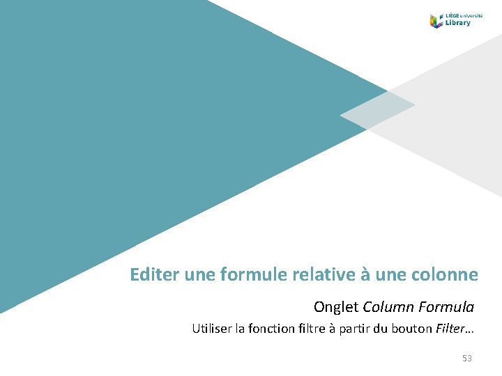 Editer une formule relative à une colonne Onglet Column Formula Utiliser la fonction filtre