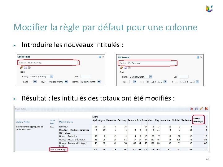 Modifier la règle par défaut pour une colonne ▶ Introduire les nouveaux intitulés :