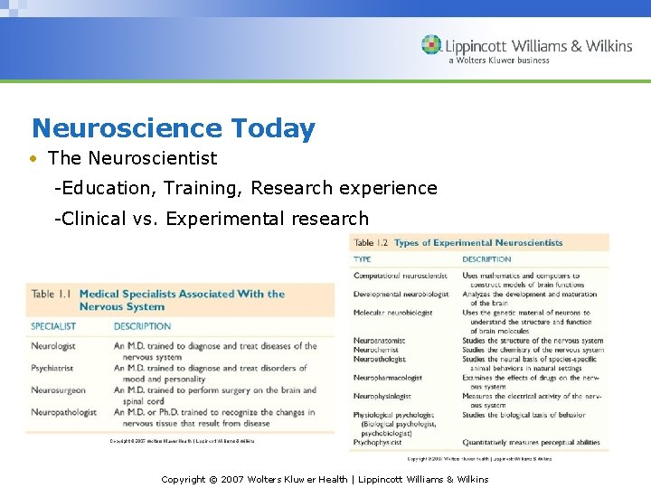 Neuroscience Today • The Neuroscientist -Education, Training, Research experience -Clinical vs. Experimental research Copyright