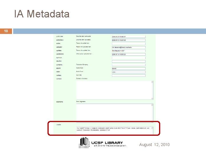 IA Metadata 18 August 12, 2010 