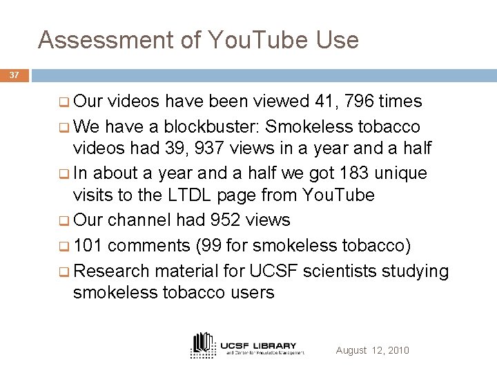 Assessment of You. Tube Use 37 q Our videos have been viewed 41, 796