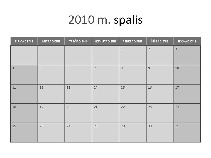 2010 m. spalis PIRMADIENIS ANTRADIENIS TREČIADIENIS KETVIRTADIENIS PENKTADIENIS ŠEŠTADIENIS SEKMADIENIS 1 2 3 4