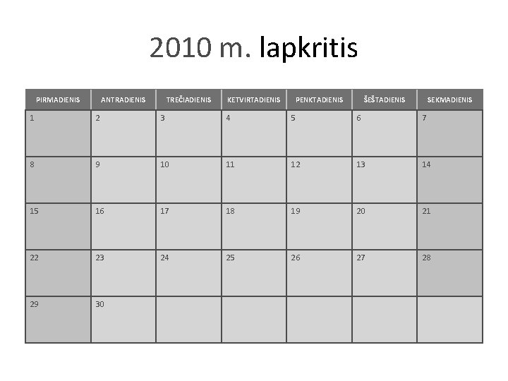 2010 m. lapkritis PIRMADIENIS ANTRADIENIS TREČIADIENIS KETVIRTADIENIS PENKTADIENIS ŠEŠTADIENIS SEKMADIENIS 1 2 3 4