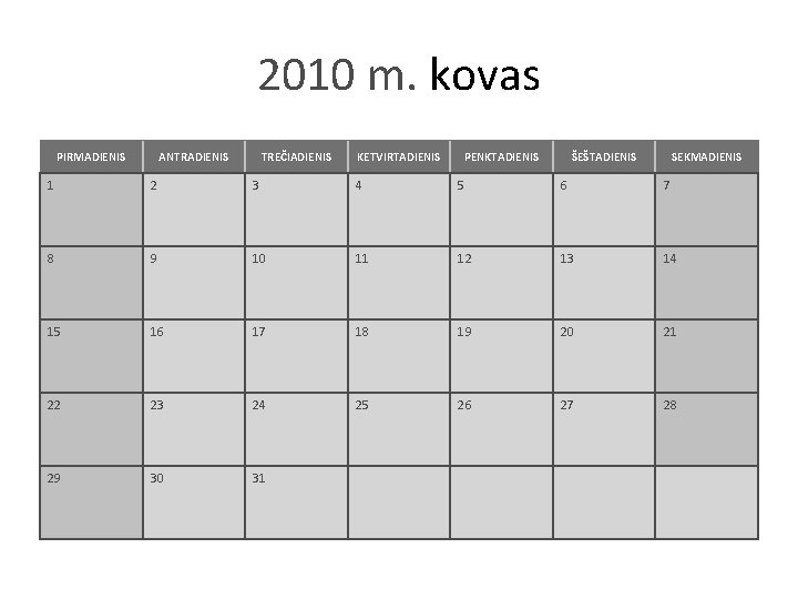2010 m. kovas PIRMADIENIS ANTRADIENIS TREČIADIENIS KETVIRTADIENIS PENKTADIENIS ŠEŠTADIENIS SEKMADIENIS 1 2 3 4