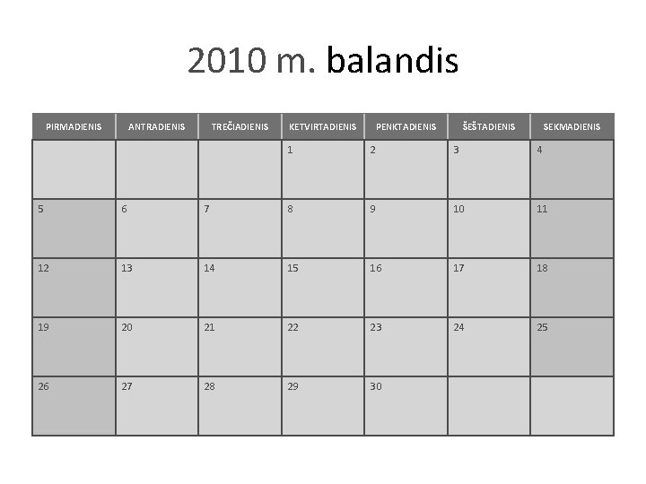 2010 m. balandis PIRMADIENIS ANTRADIENIS TREČIADIENIS KETVIRTADIENIS PENKTADIENIS ŠEŠTADIENIS SEKMADIENIS 1 2 3 4