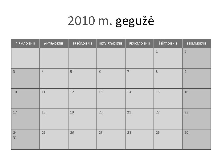 2010 m. gegužė PIRMADIENIS ANTRADIENIS TREČIADIENIS KETVIRTADIENIS PENKTADIENIS ŠEŠTADIENIS SEKMADIENIS 1 2 3 4