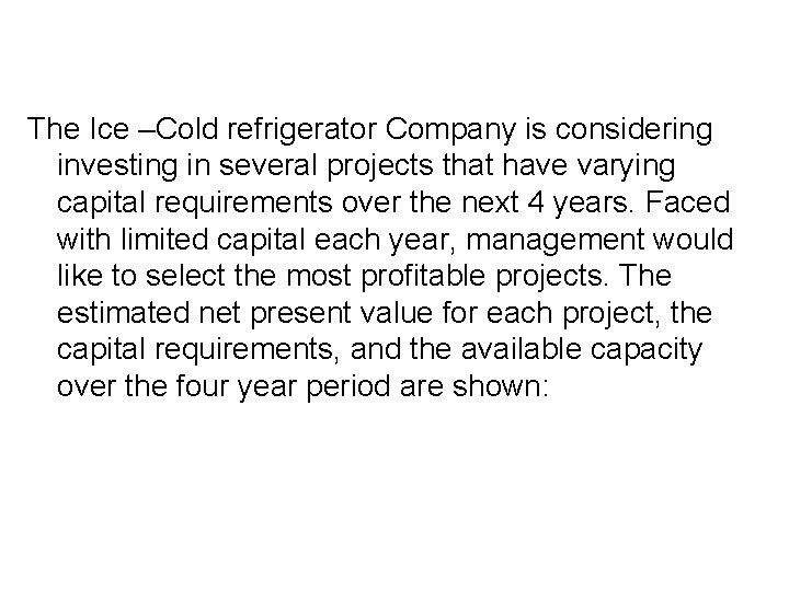 The Ice –Cold refrigerator Company is considering investing in several projects that have varying