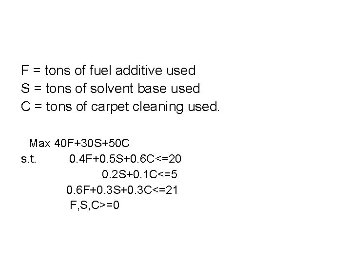 F = tons of fuel additive used S = tons of solvent base used