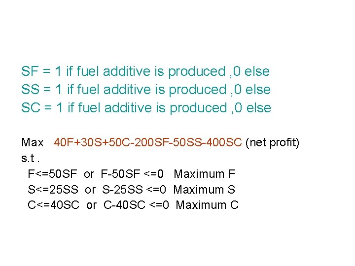 SF = 1 if fuel additive is produced , 0 else SS = 1