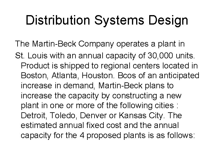 Distribution Systems Design The Martin-Beck Company operates a plant in St. Louis with an