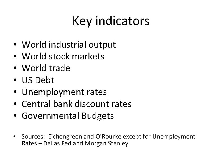 Key indicators • • World industrial output World stock markets World trade US Debt