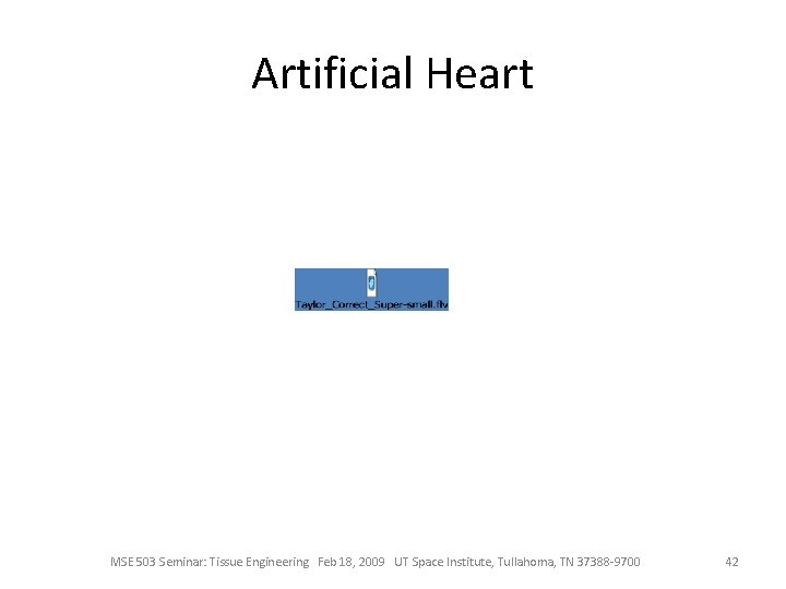Artificial Heart MSE 503 Seminar: Tissue Engineering Feb 18, 2009 UT Space Institute, Tullahoma,