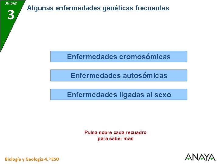 UNIDAD 7 3 Algunas enfermedades genéticas frecuentes Enfermedades cromosómicas Enfermedades autosómicas Enfermedades ligadas al