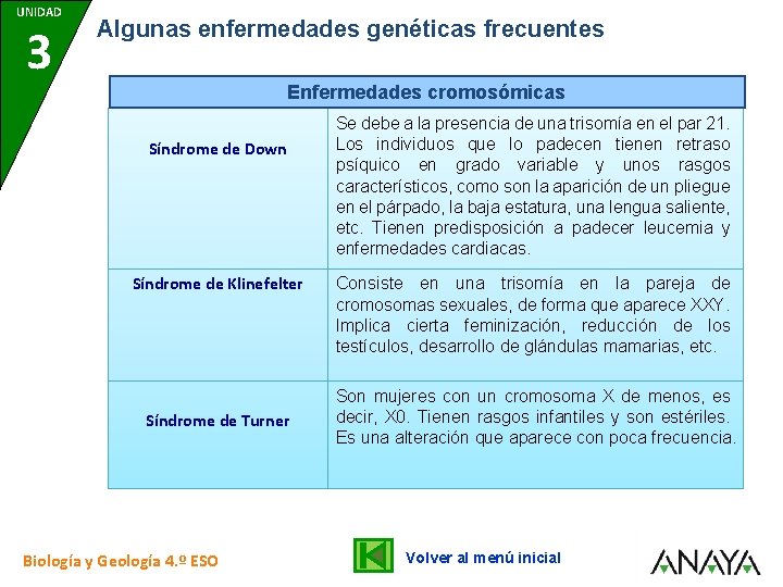 UNIDAD 7 3 Algunas enfermedades genéticas frecuentes Enfermedades cromosómicas Síndrome de Down Síndrome de