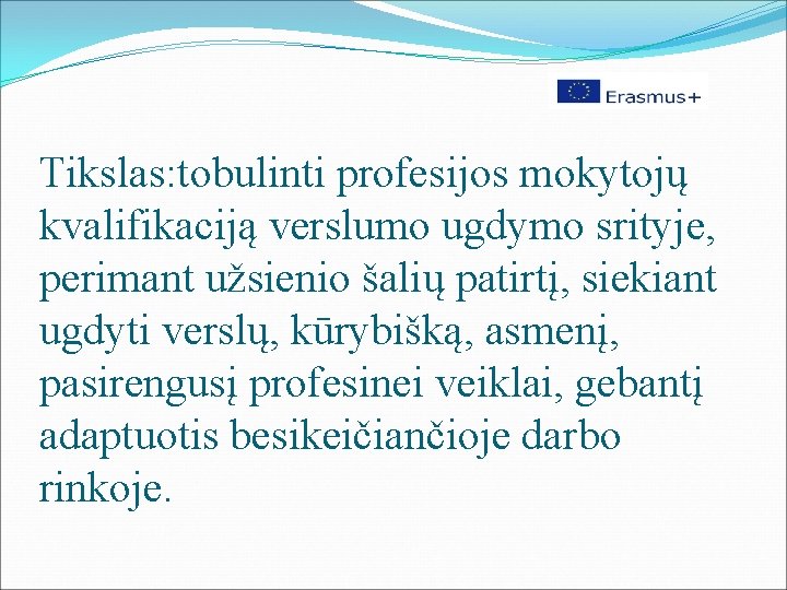 Tikslas: tobulinti profesijos mokytojų kvalifikaciją verslumo ugdymo srityje, perimant užsienio šalių patirtį, siekiant ugdyti