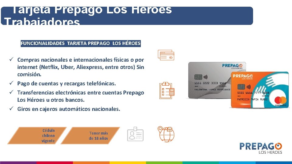 Tarjeta Prepago Los Héroes Trabajadores FUNCIONALIDADES TARJETA PREPAGO LOS HÉROES ü Compras nacionales e