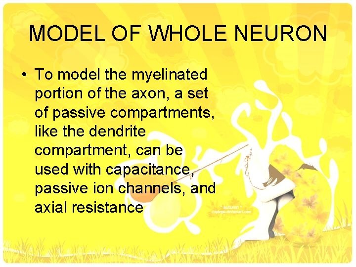 MODEL OF WHOLE NEURON • To model the myelinated portion of the axon, a