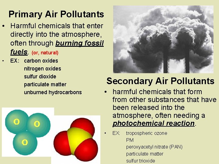 Primary Air Pollutants • Harmful chemicals that enter directly into the atmosphere, often through
