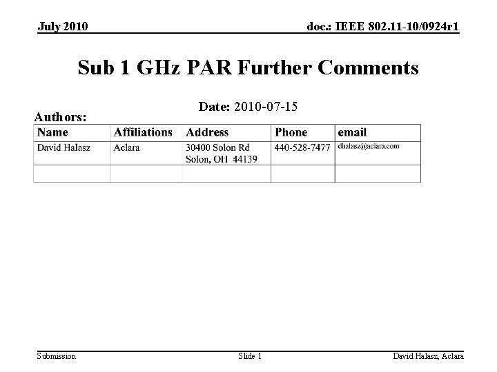 July 2010 doc. : IEEE 802. 11 -10/0924 r 1 Sub 1 GHz PAR