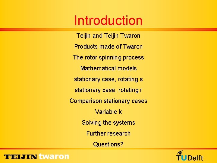 Introduction Teijin and Teijin Twaron Products made of Twaron The rotor spinning process Mathematical