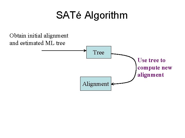 SATé Algorithm Obtain initial alignment and estimated ML tree Tree Use tree to compute