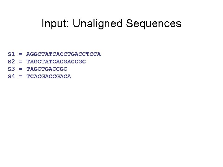 Input: Unaligned Sequences S 1 S 2 S 3 S 4 = = AGGCTATCACCTGACCTCCA