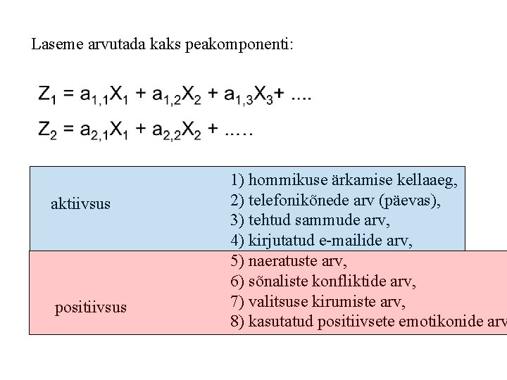 Laseme arvutada kaks peakomponenti: aktiivsus positiivsus 1) hommikuse ärkamise kellaaeg, 2) telefonikõnede arv (päevas),