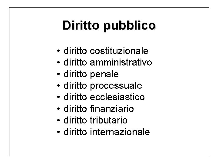 Diritto pubblico • • diritto costituzionale diritto amministrativo diritto penale diritto processuale diritto ecclesiastico