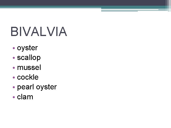 BIVALVIA • oyster • scallop • mussel • cockle • pearl oyster • clam