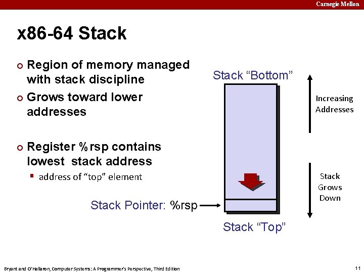 Carnegie Mellon x 86 -64 Stack Region of memory managed with stack discipline ¢